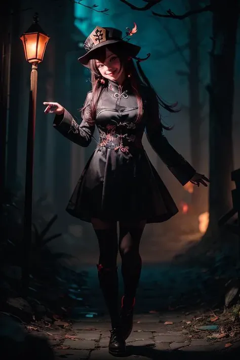 1girl, solo, portrait of cute hutao girl, black dress, Chinese graveyard, dim light, red lantern, dynamic paw pose, fog, spooky night, <lora:ARWHutao:1>, ((best quality)), ((masterpiece)), ((realistic)), (detailed), bokeh,