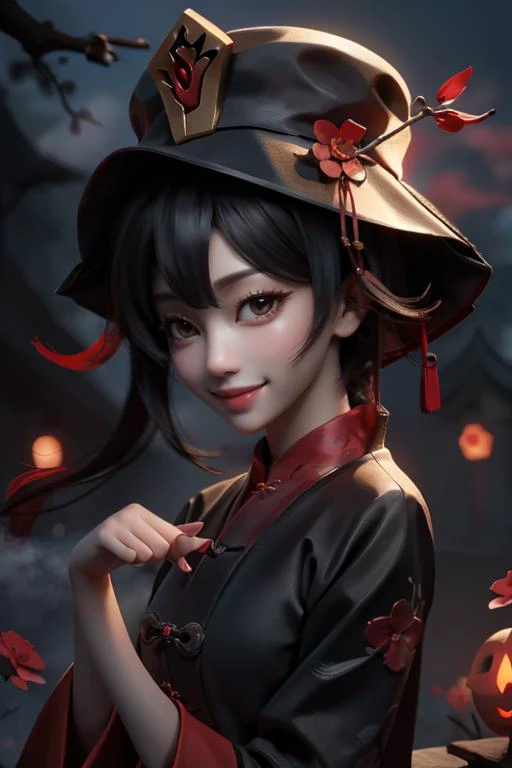 1girl, solo, portrait of cute hutao girl, black dress, red collar, Chinese graveyard, dim light, red little red flower on hat, dynamic paw pose, fog, spooky night, <lora:ARWHutao:1>, ((best quality)), ((masterpiece)), ((realistic)), (detailed), bokeh,