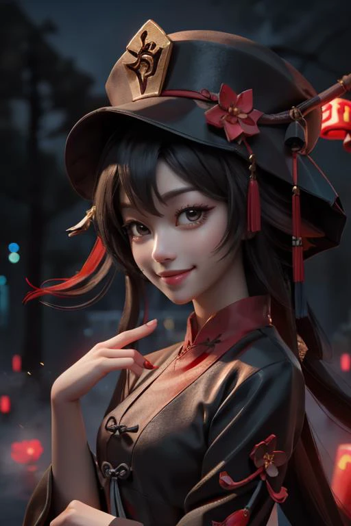 1girl, solo, portrait of cute hutao girl, black dress, red collar, Chinese graveyard, dim light, red little red flower on hat, dynamic paw pose, fog, spooky night, <lora:ARWHutao:1>, ((best quality)), ((masterpiece)), ((realistic)), (detailed), bokeh,