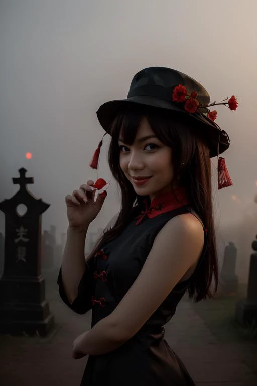 1girl, solo, portrait of cute hutao girl, black dress, red collar, Chinese graveyard, dim light, red little red flower, dynamic paw pose, fog, spooky night, <lora:ARWHutao:1>, ((best quality)), ((masterpiece)), ((realistic)), (detailed), bokeh,