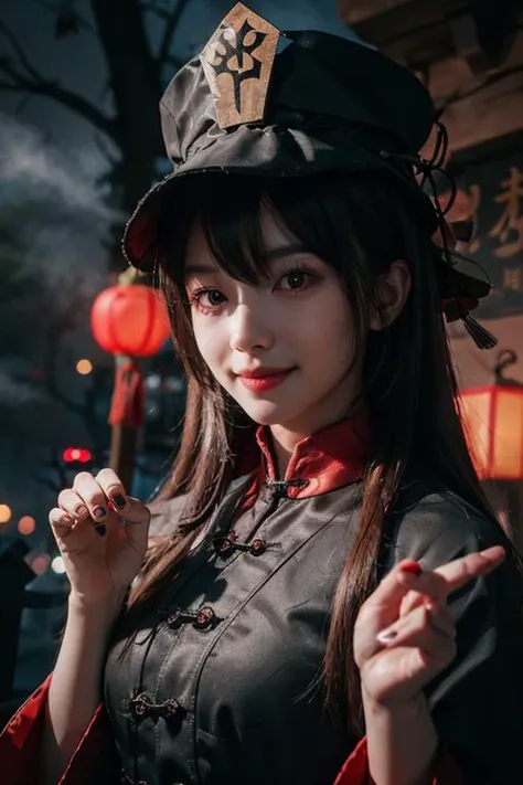 1girl, solo, portrait of cute hutao girl, black dress, red collar, Chinese graveyard, dim light, red lantern, dynamic paw pose, fog, spooky night, <lora:ARWHutao:1>, ((best quality)), ((masterpiece)), ((realistic)), (detailed), bokeh,