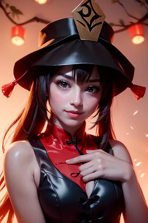 1girl, solo, portrait of cute hutao girl, black dress, red collar, Chinese graveyard, dim light, red lantern, dynamic paw pose, fog, spooky night, <lora:ARWHutao:1>, ((best quality)), ((masterpiece)), ((realistic)), (detailed), bokeh,