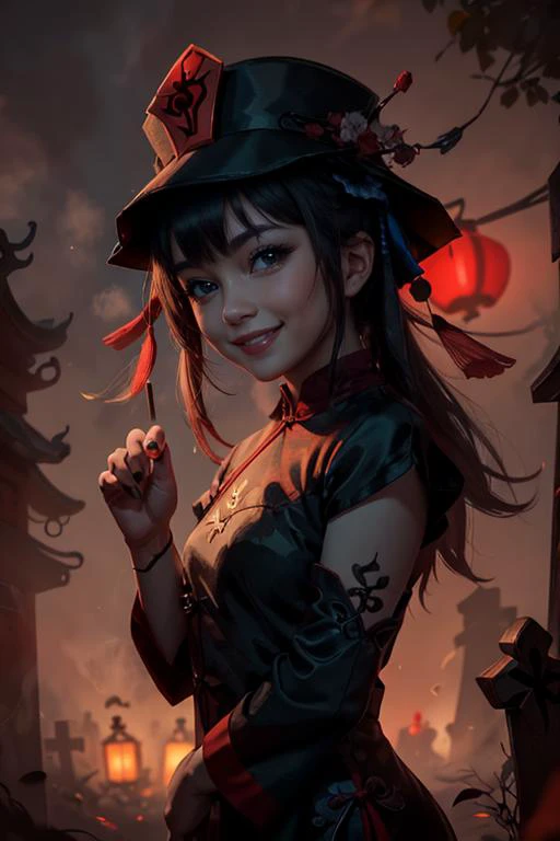 1girl, solo, portrait of cute hutao girl, black dress, red collar, Chinese graveyard, dim light, red lantern, dynamic paw pose, fog, spooky night, <lora:ARWHutao:1>, ((best quality)), ((masterpiece)), ((realistic)), (detailed), bokeh,