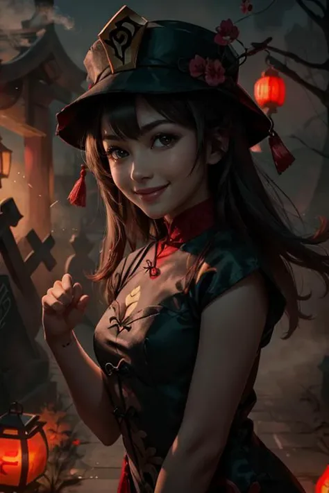 1girl, solo, portrait of cute hutao girl, black dress, red collar, Chinese graveyard, dim light, red lantern, dynamic paw pose, fog, spooky night, <lora:ARWHutao:1>, ((best quality)), ((masterpiece)), ((realistic)), (detailed), bokeh,