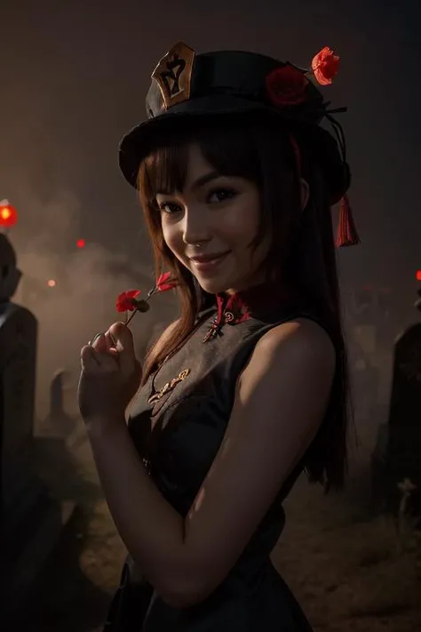 1girl, solo, portrait of cute hutao girl, black dress, red collar, Chinese graveyard, dim light, red little red flower on hat, dynamic paw pose, fog, spooky night, <lora:ARWHutao:1>, ((best quality)), ((masterpiece)), ((realistic)), (detailed), bokeh,