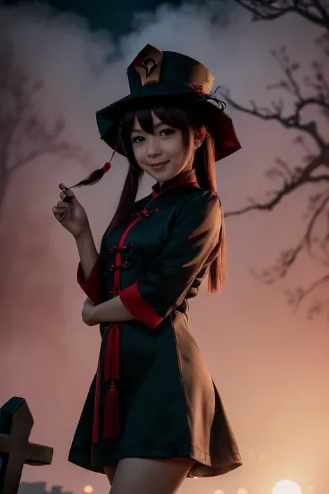 1girl, solo, portrait of cute hutao girl, black dress, red collar, Chinese graveyard, dim light, dynamic paw pose, fog, spooky night, <lora:ARWHutao:1>, ((best quality)), ((masterpiece)), ((realistic)), (detailed), bokeh,