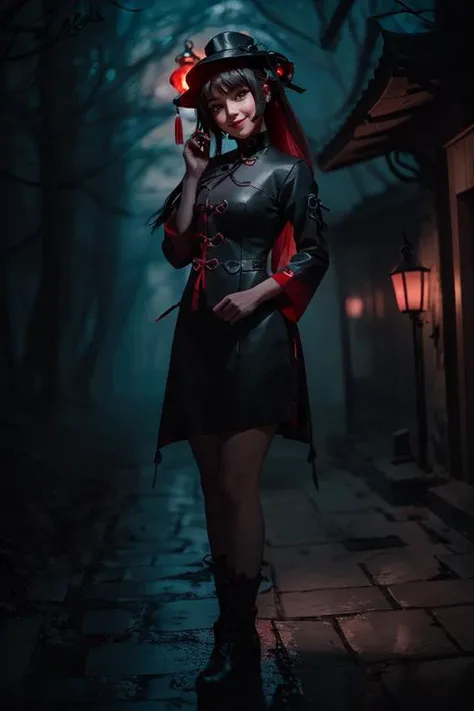 1girl, solo, portrait of cute hutao girl, black dress, red collar, Chinese graveyard, dim light, red lantern, dynamic paw pose, fog, spooky night, <lora:ARWHutao:1>, ((best quality)), ((masterpiece)), ((realistic)), (detailed), bokeh,