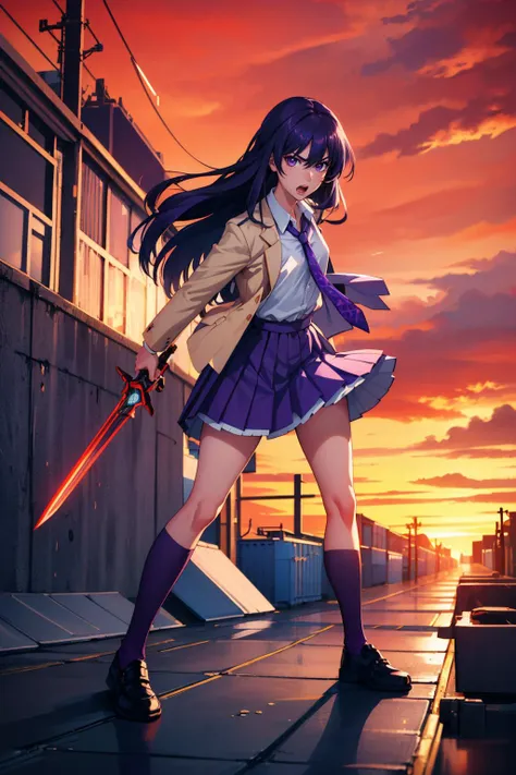 <lyco:SenaAoi_V1-Manityro-Dadapt:1.0> SenaAoi, Purple eyes, beige jacket, white shirt, collared shirt, pleated purple necktie, pleated skirt, purple skirt, kneehigh socks
masterpiece, best quality, absurdres, looking at viewer, shouting, angry, on top of container, rooftop, standing red sky,  <lyco:UnlimitedBladeWorks1.6:1.0> (fighting stance), holding greatsword, greatsword, weapon,