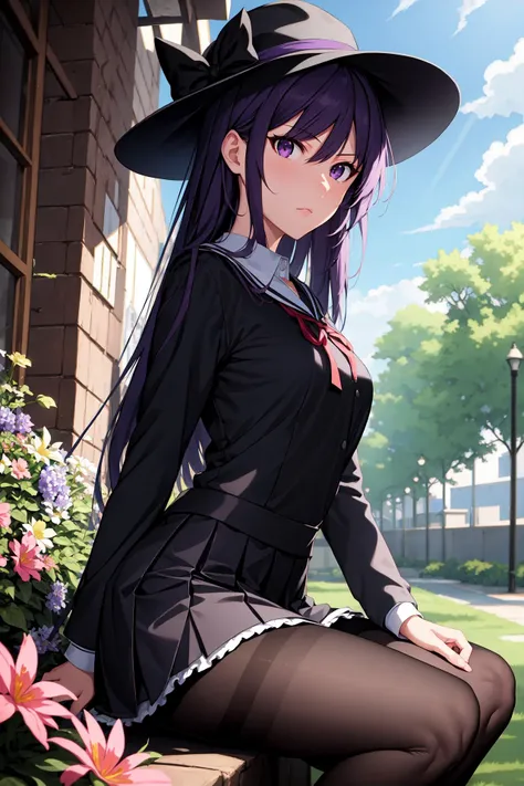 (masterpiece, best quality), anime style, outdoors, bush, flowers, summer, sitting, cowboy shot, 1girl, solo, SenaAoi, purple eyes, <lora:SenaAoi_V1-Manityro-Dadapt:1.0>, looking at viewer, black school uniform, black pantyhose, ribbon, holding hat, hat removed