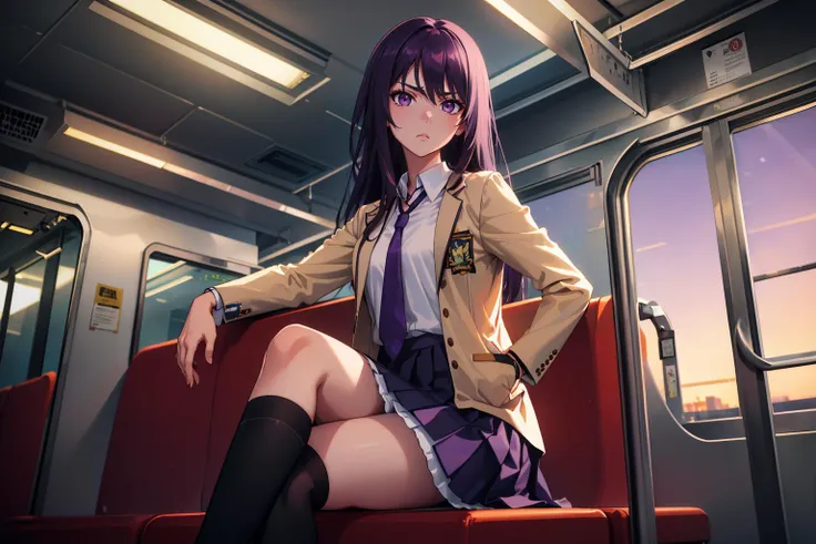 <lyco:SenaAoi_V1-Manityro-Dadapt:1.0> SenaAoi, Purple eyes, beige jacket, white shirt, collared shirt, pleated purple necktie, pleated skirt, purple skirt, black kneehigh socks
masterpiece, best quality, absurdres, looking at viewer, sitting, blank expression, orange sky, twilight, subway car, sitting, alone, from front, red seats