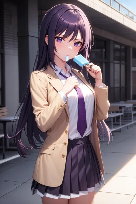 (masterpiece, best quality), 2d anime style, outdoors, school courtyard, cowboy shot, 1girl, solo, SenaAoi, [[[purple eyes]]], <lora:SenaAoi_V1-Manityro-Dadapt:1.0>, looking at viewer, beige jacket, white shirt, collared shirt, pleated purple necktie, pleated skirt, purple skirt, food, holding popsicle, eating