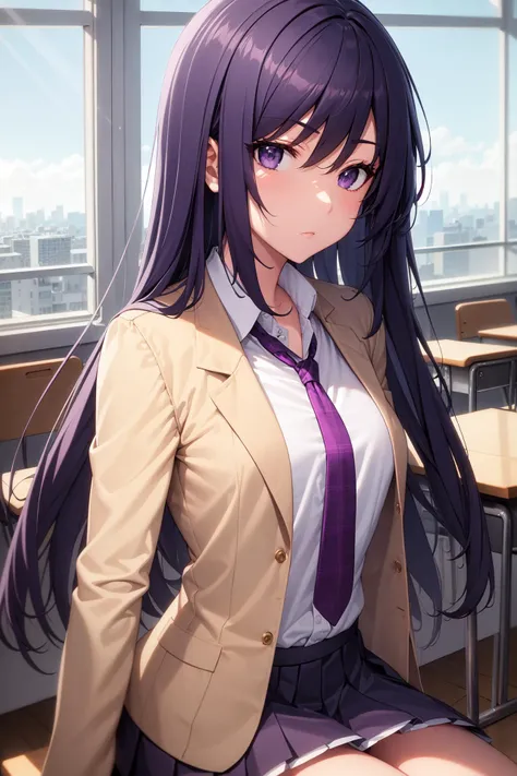 (masterpiece, best quality), 2d anime style, indoors, classroom, window, city, upper body, 1girl, solo, SenaAoi, [[[purple eyes]]], <lora:SenaAoi_V1-Manityro-Dadapt:1.0>, looking at viewer, beige jacket, white shirt, collared shirt, pleated purple necktie, pleated skirt, purple skirt, sitting, on table