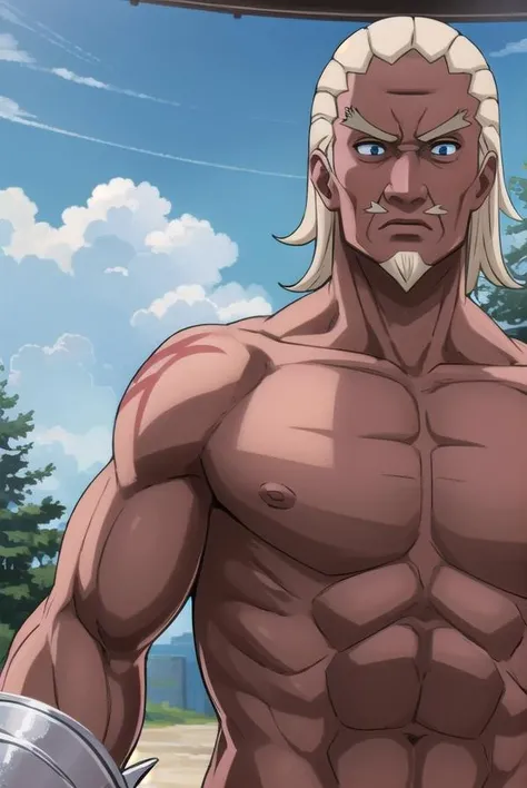 fourthraikage, <lora:fourth raikage-lora-nochekaiser:1>,
fourth raikage, blonde hair, male focus, dark skin, muscular, facial hair, dark-skinned male, muscular male, mustache, bald, (black eyes:1.3),
BREAK tattoo, abs, pectorals, topless male,
BREAK outdoors, forest, nature, trees, grass, sky, clouds, sun,
BREAK looking at viewer, (cowboy shot:1.5),
BREAK <lyco:GoodHands-beta2:1>, (masterpiece:1.2), best quality, high resolution, unity 8k wallpaper, (illustration:0.8), (beautiful detailed eyes:1.6), extremely detailed face, perfect lighting, extremely detailed CG, (perfect hands, perfect anatomy),