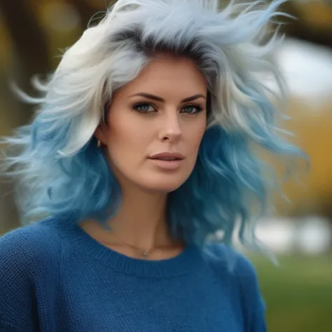 <lora:rachelhunter_v4:.99> contrasts<lora:offset_0.2:.5>rachelhunter a woman wearing a sweater, blue hair blowing in the wind, jeans, outside, park , portrait, (closeup:.75), beautiful bone structure, (realistic, photo-realistic:1.37), ultra high res, ultra-detailed, incredibly beautiful girl, 8k uhd, dslr, soft lighting, high quality, film grain, Fujifilm XT3