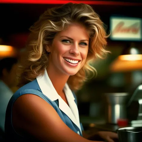 (a 40-year-old blonde woman in a restaurant, full body, close-up, sexy skirt clothing, cleavage, clear facial features, cinematic, 35mm lens, f/1.8, accent lighting, global lighting), high-res, ultra-detailed, realistic, oil painting style, vibrant colors, warm hues, soft and diffused light