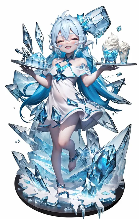 (White background:1.4), (huge ice_sculpture_ theme:1.4), (1 ice_sculpture, High transparency ice:1.4), (Food tray base:1.4)
(1 ice_sculpture_loli), (White and blue ice skin:1.3), Jumping, (cute face), (off-the-shoulder), (blue ice_hair), (Bare legs), Close eyes, smile
/=
(Melted cream_dress, ice_dress:1.3)
Masterpiece, best quality