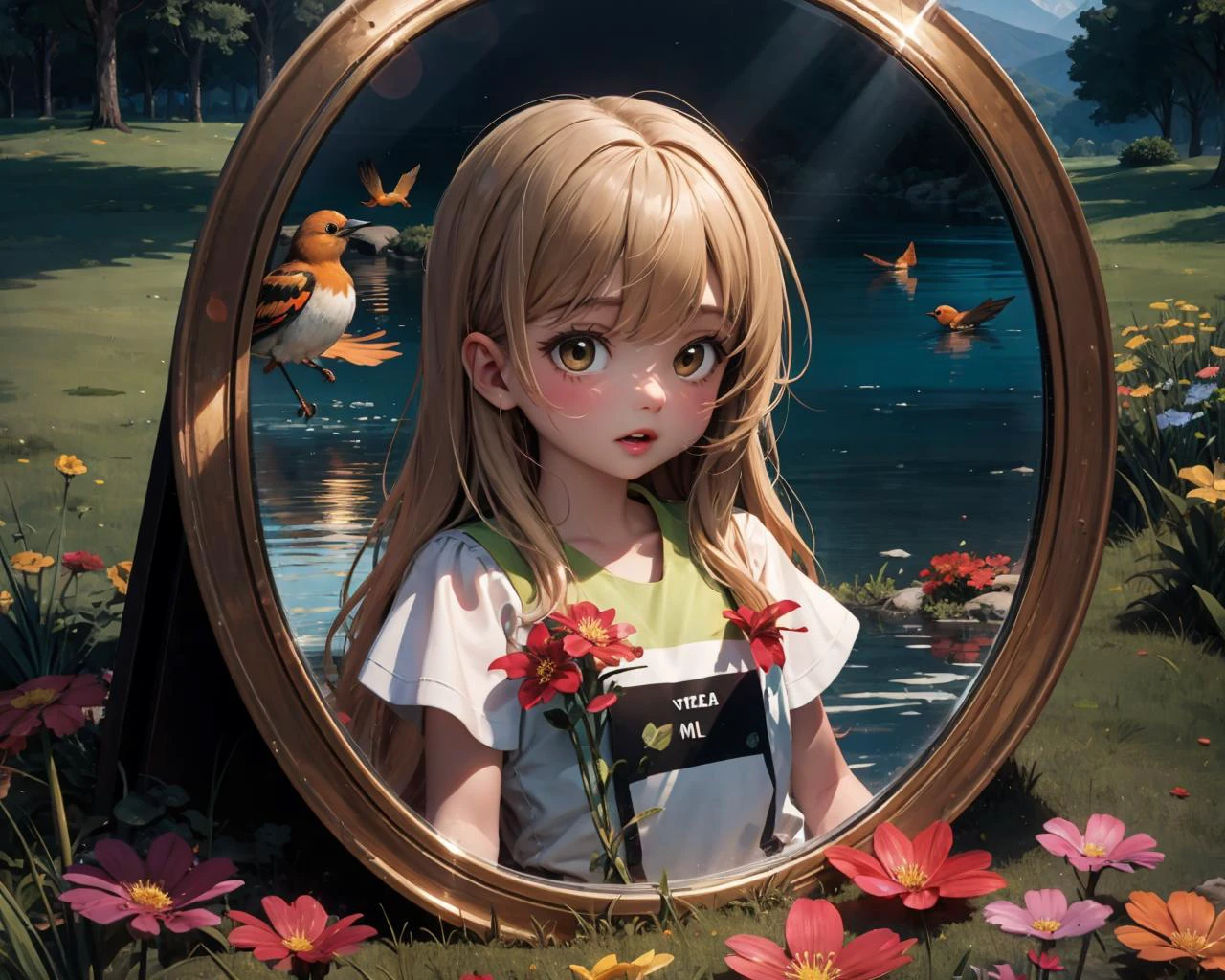 (Masterpiece, best quality, highest resolution, extremely detailed unified 8K wallpapers, official art, illustration, game CG)
(detailed light), (an extremely delicate and beautiful), volume light, best shadow, flash, Depth of field, dynamic angle, Oily skin
1 mirror, (1 girl inside of the mirror:1.2), the girl, upper body, cute face, beautiful eyes, she has flowing long hair
BREAK
Where is spring
Where is spring?
Spring in the green mountains
There are red flowers here
There's green grass here
And the little orioles that sing
Mile, mile, mile, mile, mile, mile
Mile, mile, mile, mile, mile, mile
Spring in the green mountains
And the little orioles that sing
Where is spring
Where is spring?
Spring in the reflection of the lake
It reflects red flowers
Reflecting the green grass
And the little orioles that sing
Mile, mile, mile, mile, mile, mile
Mile, mile, mile, mile, mile, mile
Spring in the reflection of the lake
And the little orioles that sing
Where is spring
Where is spring?
Spring is in the boy's eyes
See the red flowers
See the green grass
And the little orioles that sing
Mile, mile, mile, mile, mile, mile
Mile, mile, mile, mile, mile, mile
Spring is in children's eyes
And the little orioles that sing