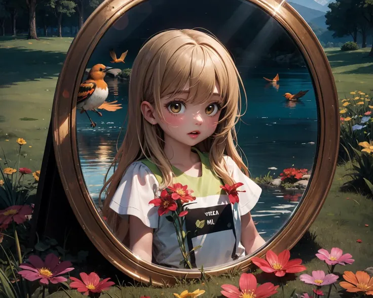 (Masterpiece, best quality, highest resolution, extremely detailed unified 8K wallpapers, official art, illustration, game CG)
(detailed light), (an extremely delicate and beautiful), volume light, best shadow, flash, Depth of field, dynamic angle, Oily skin
1 mirror, (1 girl inside of the mirror:1.2), the girl, upper body, cute face, beautiful eyes, she has flowing long hair
BREAK
Where is spring
Where is spring?
Spring in the green mountains
There are red flowers here
There's green grass here
And the little orioles that sing
Mile, mile, mile, mile, mile, mile
Mile, mile, mile, mile, mile, mile
Spring in the green mountains
And the little orioles that sing
Where is spring
Where is spring?
Spring in the reflection of the lake
It reflects red flowers
Reflecting the green grass
And the little orioles that sing
Mile, mile, mile, mile, mile, mile
Mile, mile, mile, mile, mile, mile
Spring in the reflection of the lake
And the little orioles that sing
Where is spring
Where is spring?
Spring is in the little boy's eyes
See the red flowers
See the green grass
And the little orioles that sing
Mile, mile, mile, mile, mile, mile
Mile, mile, mile, mile, mile, mile
Spring is in children's eyes
And the little orioles that sing