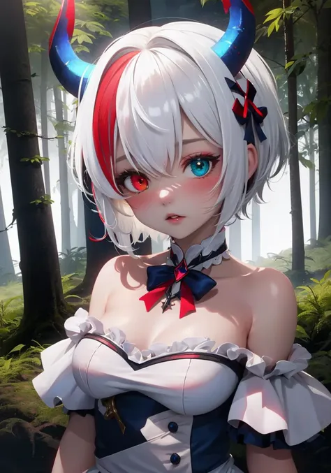 (detailed light), (an extremely delicate and beautiful), volume light, best shadow,cinematic lighting, flash, Depth of field, dynamic angle, [nsfw:0.8], Oily skin, (upper body)
(solo:1.2),(short hair,white hair:1.3),((rem:0.7)+(miku:0.8)),has(2 red horns:1.2),(heterochromia<(red,blue)>:1.25),(black_white maid_outfit) (off shoulder) (frills:1.2),(in forest),