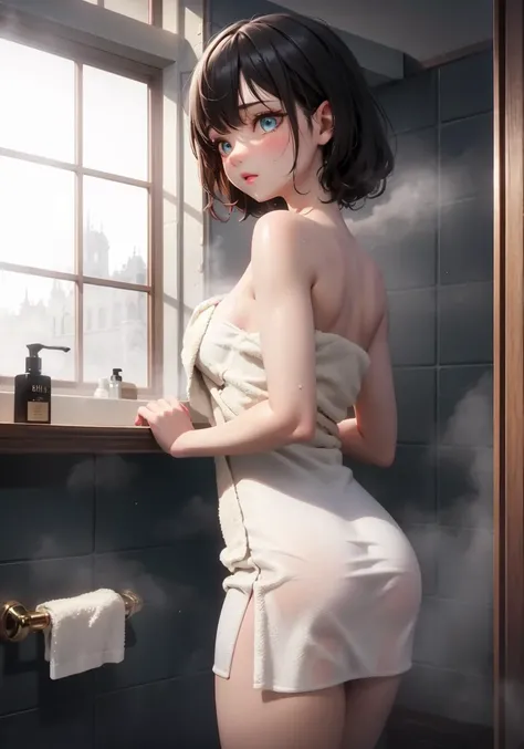 1 girl, 1 girl wearing naked towel,showering,bathing, (beautiful eyes),  (ite girl), solo, ass, steam censor, 
(detailed light), (an extremely delicate and beautiful), volume light, best shadow,cinematic lighting, flash, Depth of field, dynamic angle, [nsfw:0.8], Oily skin,
European-style luxury bathroom