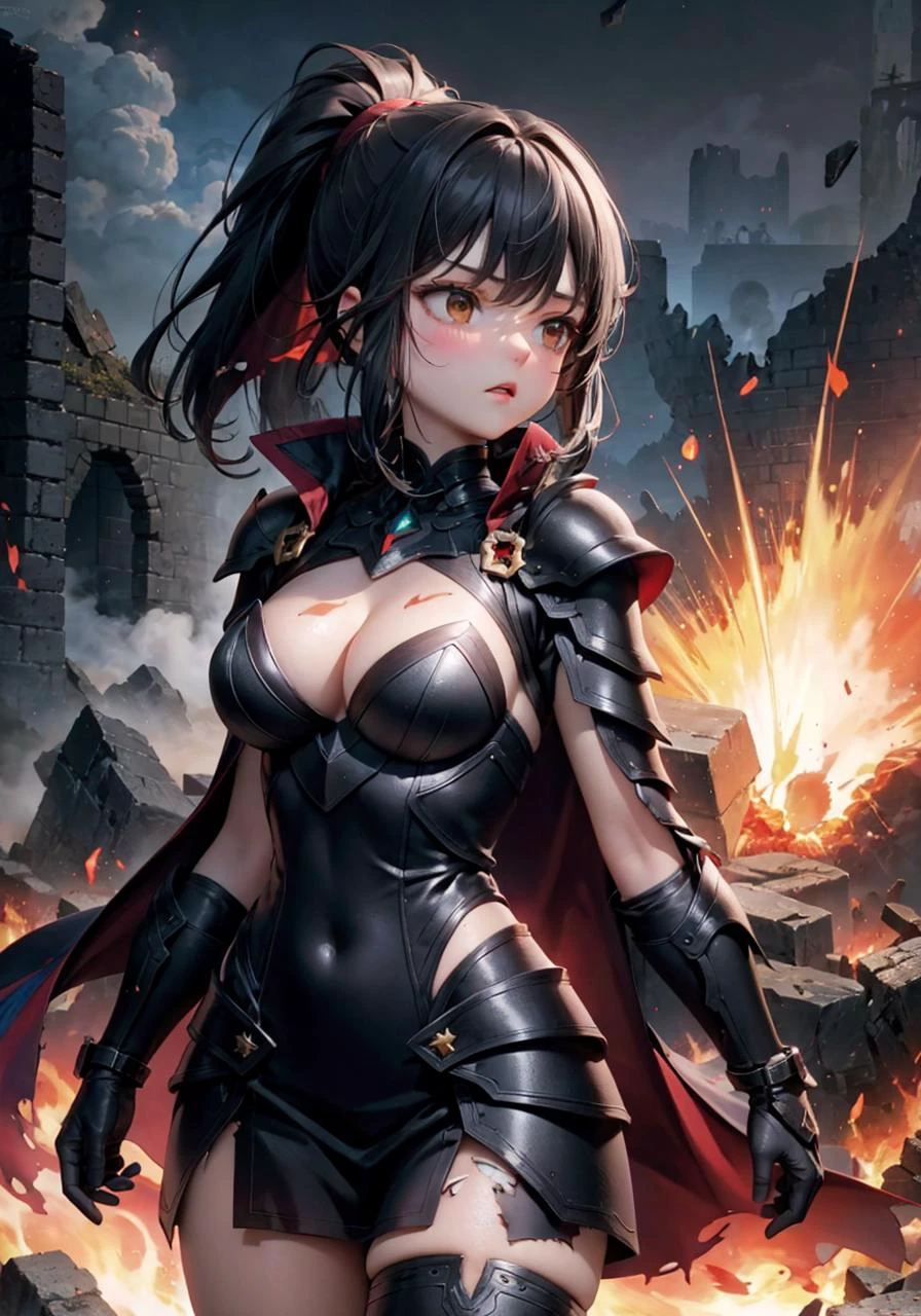 (black obsidian armor:1.17), (exquisite engraved), 1 girl, Gray skin, (Long black hair), ponytail, hair cord, (cowboy shot), (cool), cleavage
(detailed light), (an extremely delicate and beautiful), volume light, best shadow, Depth of field, dynamic angle, [nsfw:0.8], Oily skin, (torn red cloak<(Powerful explosion and flame)>)
(Grey fog, ruins in fog)
(yellow carved)
(explosion ruins, flying stones), (Velocity line:1.2), (Powerful explosion background)