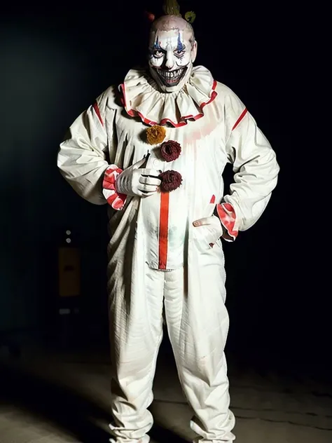 imagem sinistra de um homem alto de terno, aspecto sombrio, holding a cotton candy, sorriso maligno, fotografia de filme de terror