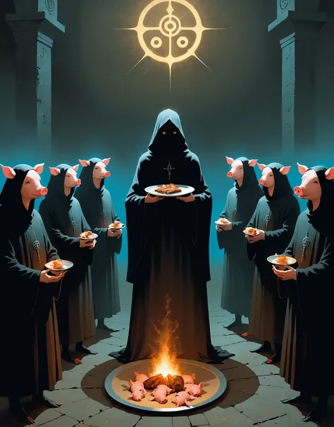 beksinski:2,group of cultists in dark robes, standing in a circle in a mysterious realm, with mystical symbols glowing on the ground as they chant in unison, summoning a eerie horrible piglets, gleefully holding a plate of perfectly grilled beheaded pig.