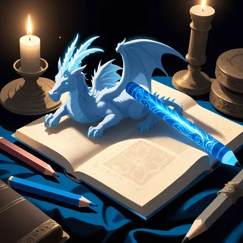 Image type of illustration:A mystical blue pencil, glowing with a faint, ethereal light, resting on a velvet cushion surrounded by ancient tomes and scrolls. The pencil features intricate engravings of legendary creatures like dragons and unicorns, exuding an aura of power and creativity.