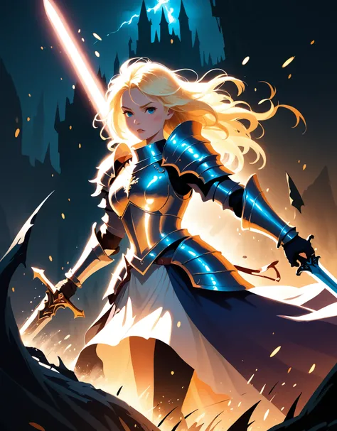 An illustration of a brave blonde princess knight holding a legendary sword, a fierce battle,
Uplifting,
A swarm of dismembered monsters,
Dramatic and powerful strokes,
light particles ,
fantastic scenery