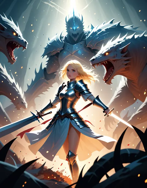 An illustration of a brave blonde princess knight holding a legendary sword, a fierce battle,
Uplifting,
A swarm of dismembered monsters,
Dramatic and powerful strokes,
light particles ,
fantastic scenery