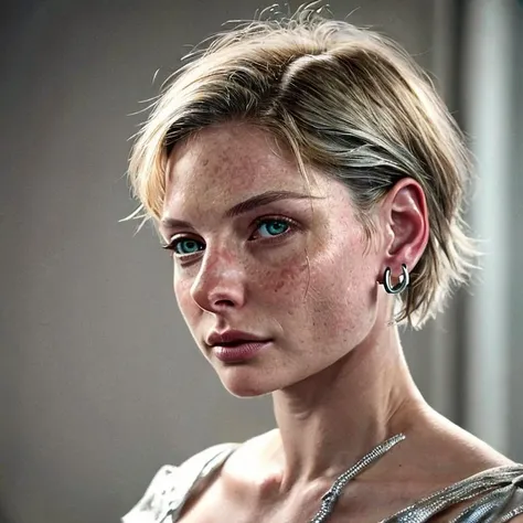 cowboy shot, <lora:r3b3ka_v3:1> r3b3ka, pixie hair cut, silver hoop earrings, boho dress, skin texture, pores, realistic skin, eye texture