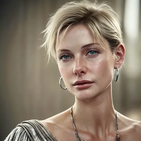 cowboy shot, <lora:r3b3ka_v1:1> r3b3ka, pixie hair cut, silver hoop earrings, boho dress, skin texture, pores, realistic skin, eye texture
