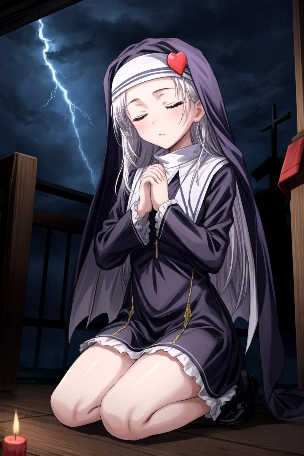 1girl, praying, church, habit, perspective, closed eyes, (stained glass:0.5), seiza, well drawn legs, well drawn fingers, masterpiece, high quality, night, storm, lightning, dark fantasy,
<lora:Kizuki - Haganai - Takayama Maria:0.8> takayama maria, silver hair, flat chest, blue eyes, long hair, nun <lora:fantasyv1.1:1> <lora:praying:0.6> praying, own hands together <lora:LowRA_v2:0.3> ,dark environment. <lora:add_detail:1>