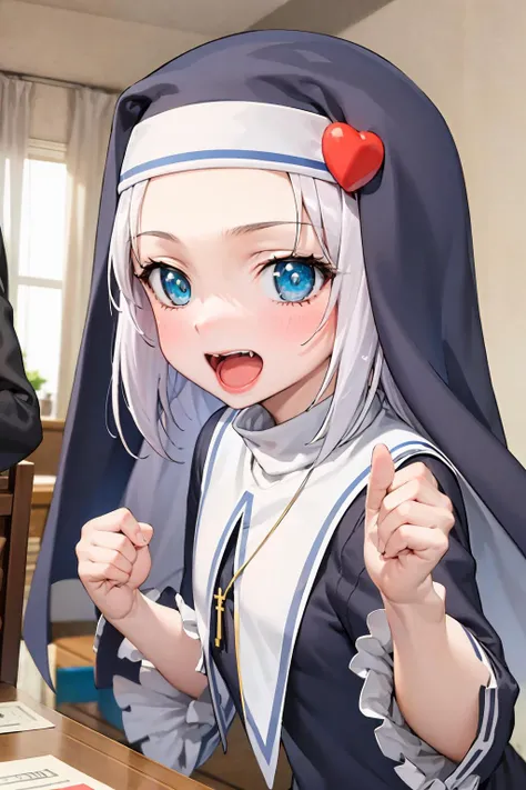 (best quality:1.1), (masterpiece:1.4), (absurdres:1.0), portrait, close-up,
1girl, takayama maria, silver hair, flat chest, blue eyes, long hair, nun, looking at viewer, indoors, smile, open mouth,
<lora:Kizuki - Haganai Takayama Maria:1>