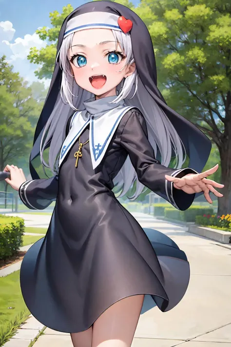 best quality, masterpiece, dynamic pose,
1girl, takayama maria, silver hair, flat chest, blue eyes, long hair, nun, looking at viewer, outdoors, laughing, happy, playing outside,
<lora:Kizuki - Haganai Takayama Maria:0.85>