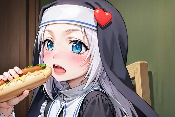 best quality, masterpiece, (eating:1.2), hot dog, (close up:1.4), face focus, from side,
1girl, takayama maria, silver hair, flat chest, blue eyes, long hair, nun, looking at viewer, indoors, happy, (blush:1.2), (open mouth:1.4),
<lora:Kizuki - Haganai Takayama Maria:0.82>