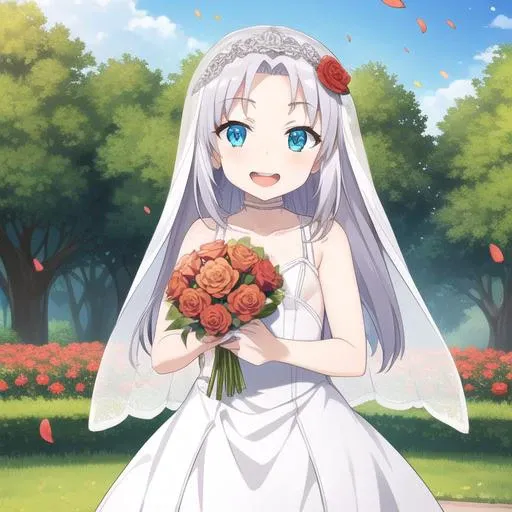 <lora:Kizuki - Haganai - Takayama Maria:1> takayama maria, silver hair, flat chest, long hair, blue eyes, happy, mouth open, wearing a wedding dress with a veil, holding a large detailed bouquet of roses, outdoors, in nature, surrounded by flowers, wedding venue, flower petals falling from the sky