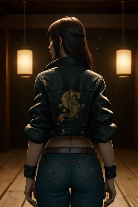 highres, masterpiece, perfect lighting, bloom, cinematic lighting, adult, female, looking at viewer, cowboy shot, from behind, xivstreetjacket, <lora:XIVStreetJacket_v20:0.8>