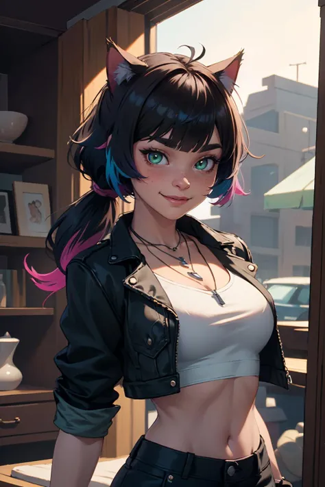 highres, masterpiece, perfect lighting, bloom, cinematic lighting, adult, female, looking at viewer, cowboy shot, (RSEEmma:1.5),<lora:RSERomantic_RSESofiko_RSEEmma-v1:0.3>, black xivstreetjacket, white crop top, necklace, pendant, <lora:XIVStreetJacket_v10:0.8> cat ears, side-swept bangs, black hair, pink IncursioDipDyedHair, messy mid ponytail, green eyes, thick eyebrows, freckles, smile <lora:DipDyedHair:1>