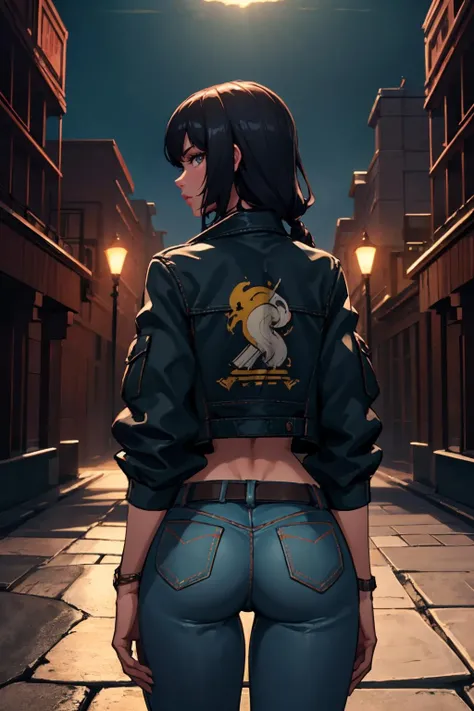 highres, masterpiece, perfect lighting, bloom, cinematic lighting, adult, female, looking at viewer, from behind, cowboy shot, xivstreetjacket, <lora:XIVStreetJacket_v20:0.8>