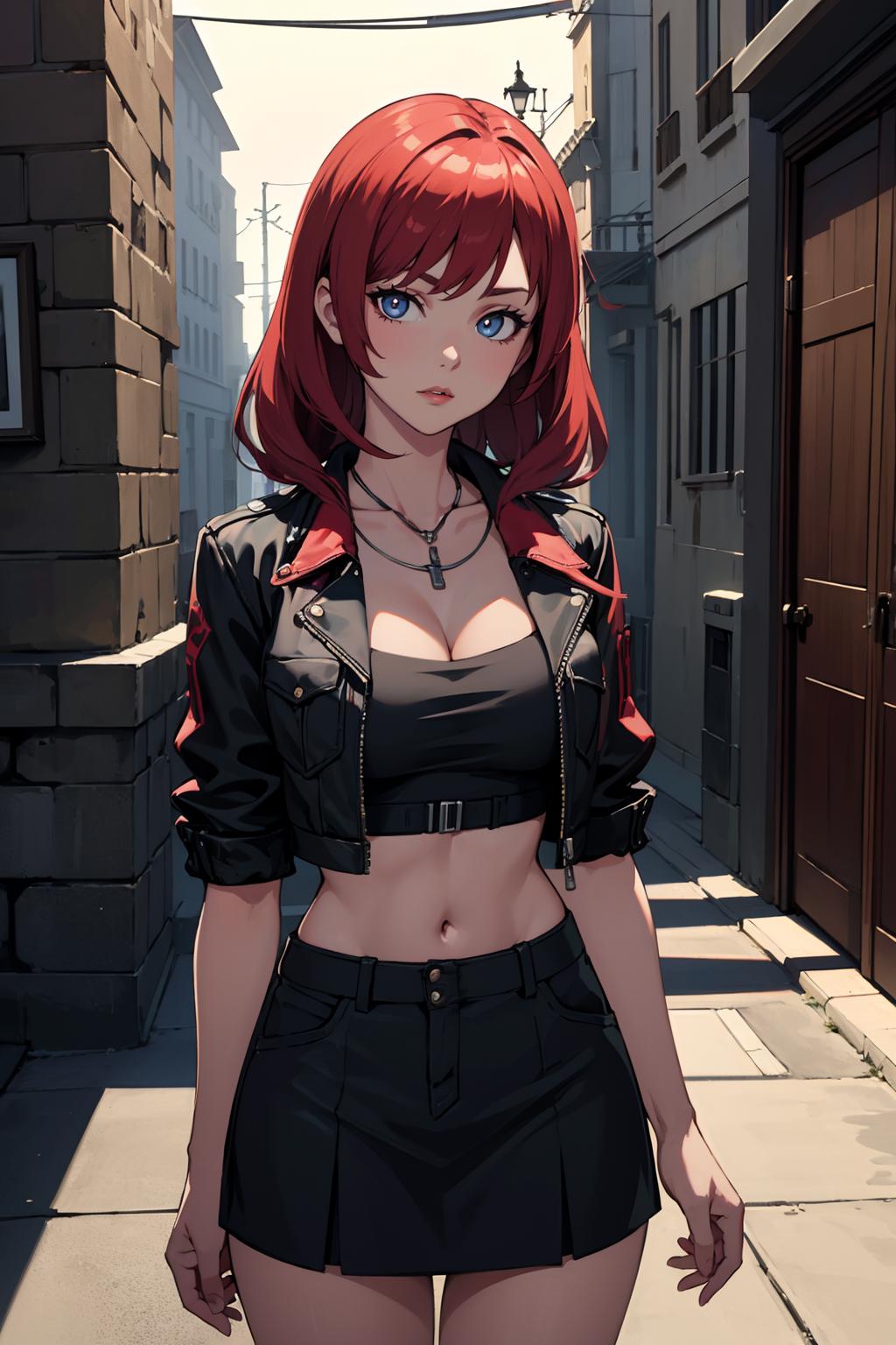 A woman with red hair and a black top standing on a sidewalk - SeaArt AI
