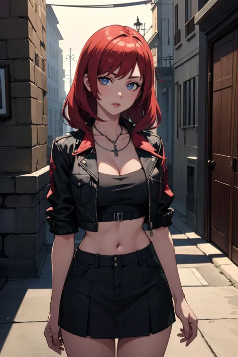 highres, masterpiece, perfect lighting, bloom, cinematic lighting, adult, female, looking at viewer, <lora:XIVStreetJacket_v10:0.8> black xivstreetjacket,