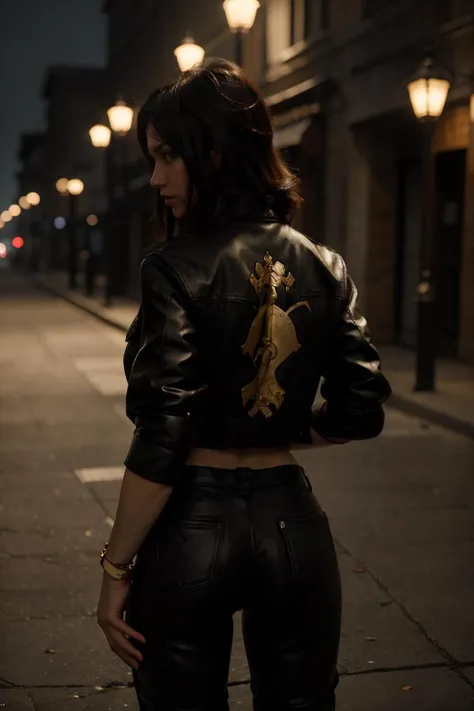 highres, masterpiece, photo, perfect lighting, bloom, cinematic lighting, adult, female, looking at viewer, cowboy shot, from behind, xivstreetjacket, <lora:XIVStreetJacket_v20:0.8> leather pants
