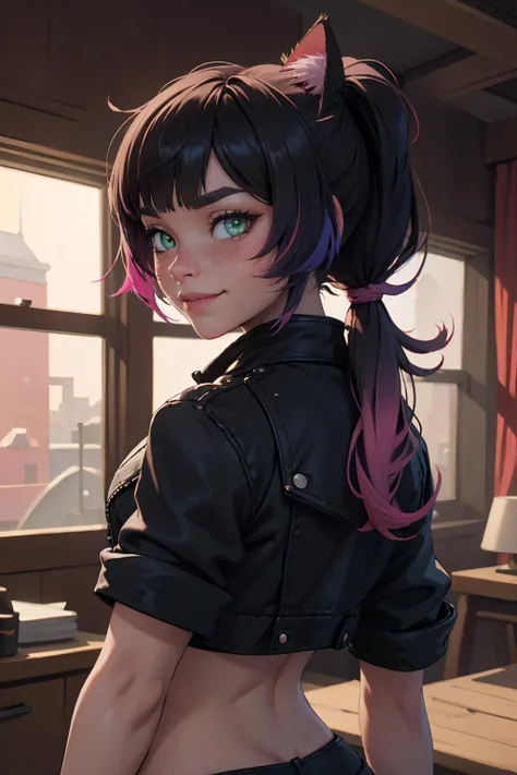 highres, masterpiece, perfect lighting, bloom, cinematic lighting, adult, female, looking at viewer, cowboy shot, from behind, (RSEEmma:1.5),<lora:RSERomantic_RSESofiko_RSEEmma-v1:0.3>, black xivstreetjacket, white crop top, <lora:XIVStreetJacket_v10:0.8> cat ears, side-swept bangs, black hair, pink IncursioDipDyedHair, messy mid ponytail, green eyes, thick eyebrows, freckles, smile <lora:DipDyedHair:1>