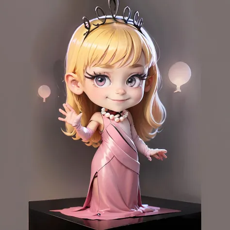 cartoon,anime, ((masterpiece, best quality)),(complex light),solo, solo focus, full body,1 child girl, lola loud, blonde hair, long hair,pink dress, pearl necklace, crown, smile, pink gloves,simple background, black eyes, above the knee, in a child girl's bedroom, <lora:lolaLoud1-10:0.5>