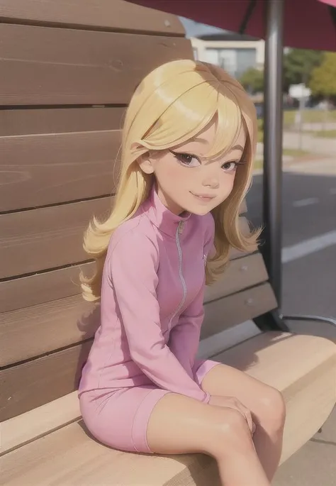 cute girl, in a pink tracksuit, sitting on a bench, sly look, thin, dynamic pose, sunny weather, looking at the camera, smile, rubbing her palms,1girl, lola loud, blonde hair, long hair, <lora:lolaLoud1-10:0.8> <lora:sleepy_v100:0.6>