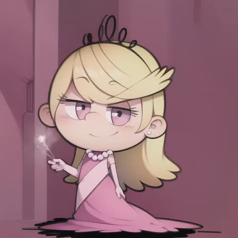 ((masterpiece, best quality)),(complex light),solo, solo focus, full body,1girl, Lola loud, blonde hair, long hair, <lora:lolaLoud1-10:0.8>,pink dress, light pink sash, pearl necklace, crown, smile, pink gloves, pink background,simple background, pink eyes, style parody,