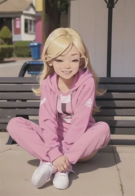 cute girl, in a pink tracksuit, sitting on a bench, sly look, thin, dynamic pose, sunny weather, looking at the camera, smile, rubbing her palms,1girl, lola loud, blonde hair, long hair, <lora:lolaLoud1-10:0.8> <lora:sleepy_v100:0.6>