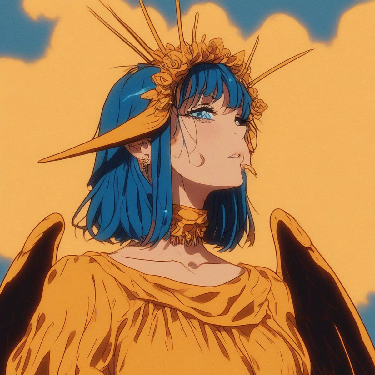 a woman with blue hair and wings on her head looking at the sky with clouds in the background and a yellow sky