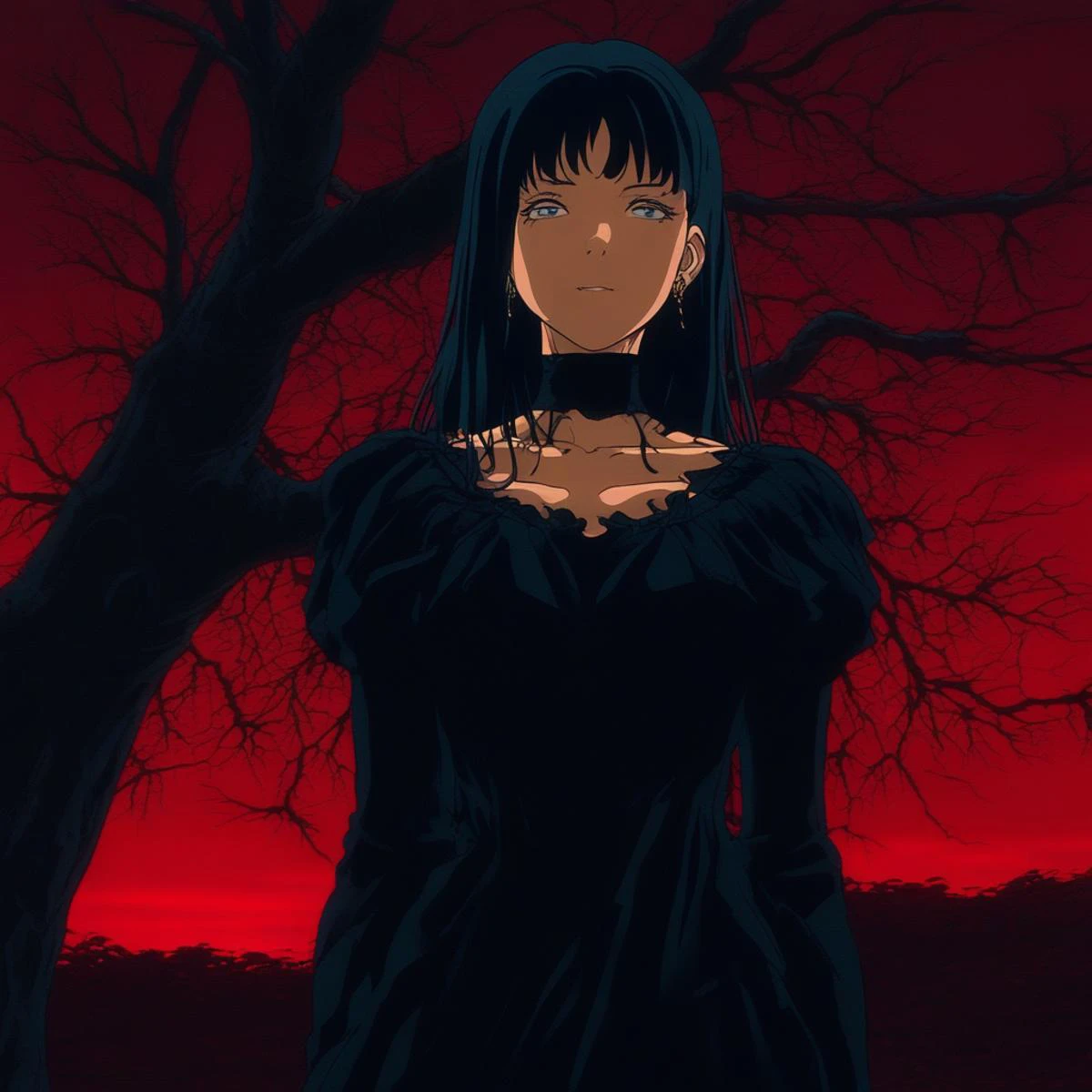 a woman in a black dress standing in front of a tree with a red sky in the background and a red sky in the background